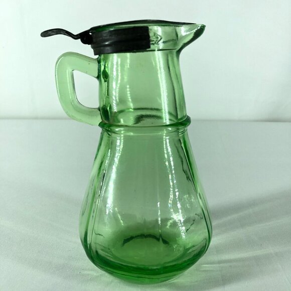 Vintage Hazel Atlas Green Uranium Depression Glass Syrup Pitcher With Lid 6”Tall - Picture 5 of 7